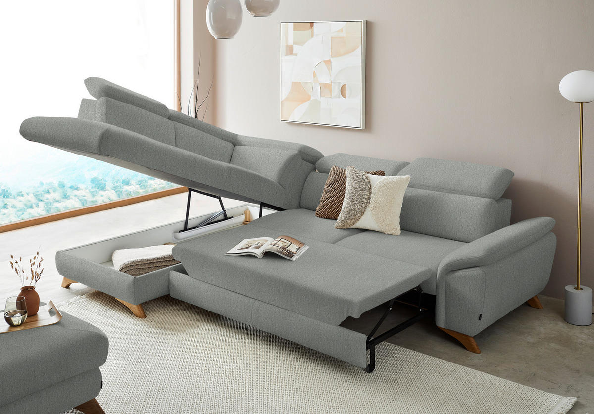 ECKSOFA in Chenille Silberfarben  - Eichefarben/Silberfarben, Modern, Holz/Textil (212/287cm) - Valnatura