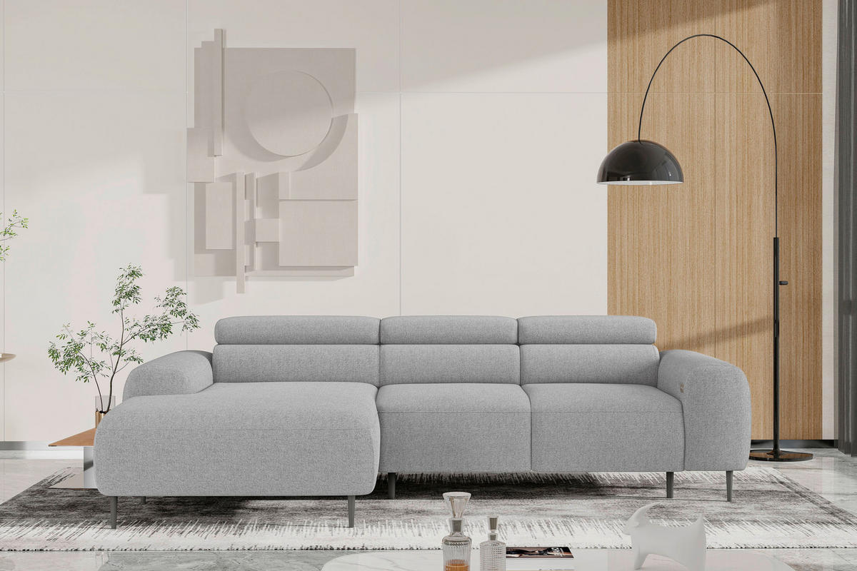 ECKSOFA Hellgrau Struktur Rücken echt, Kopfteilverstellung, Sitztiefenverstellung  - Hellgrau/Schwarz, MODERN, Textil/Metall (179/274cm) - Welnova