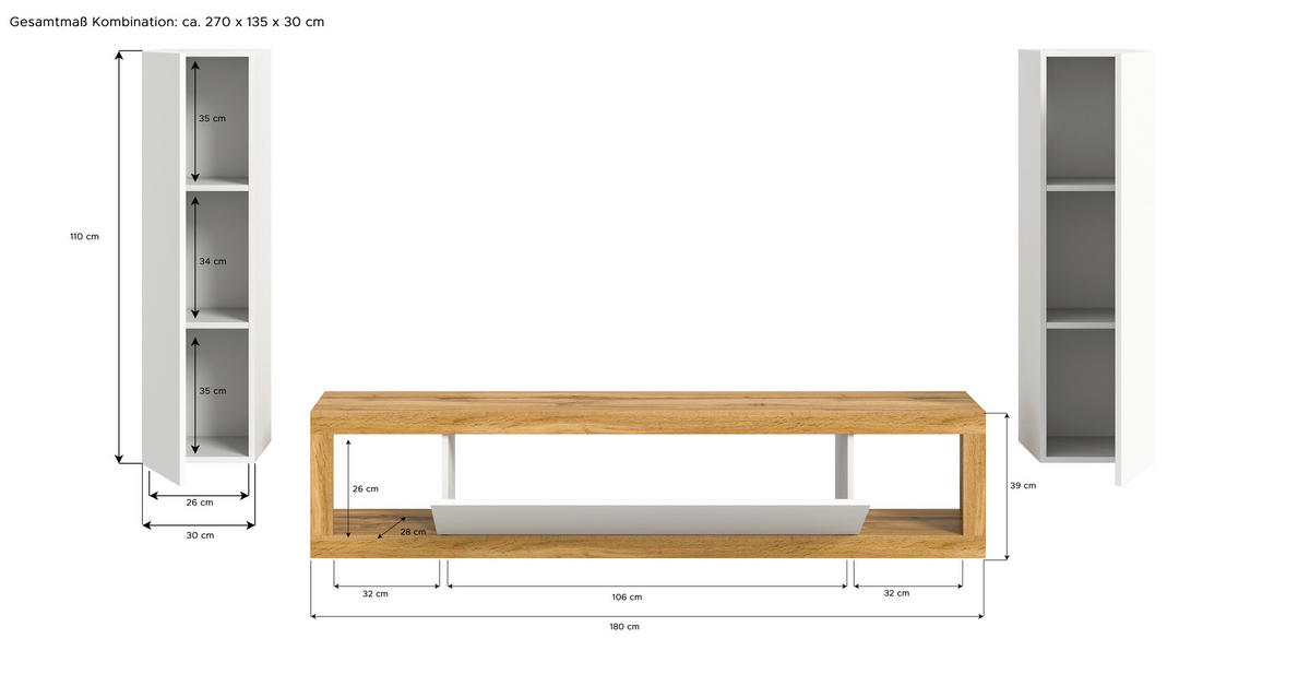 HYLLKOMBINATION 3 delar  i ek Wotan, vit  270/135/30 cm  - vit/ek Wotan, Design, trämaterial/plast (270/135/30cm) - MID.YOU