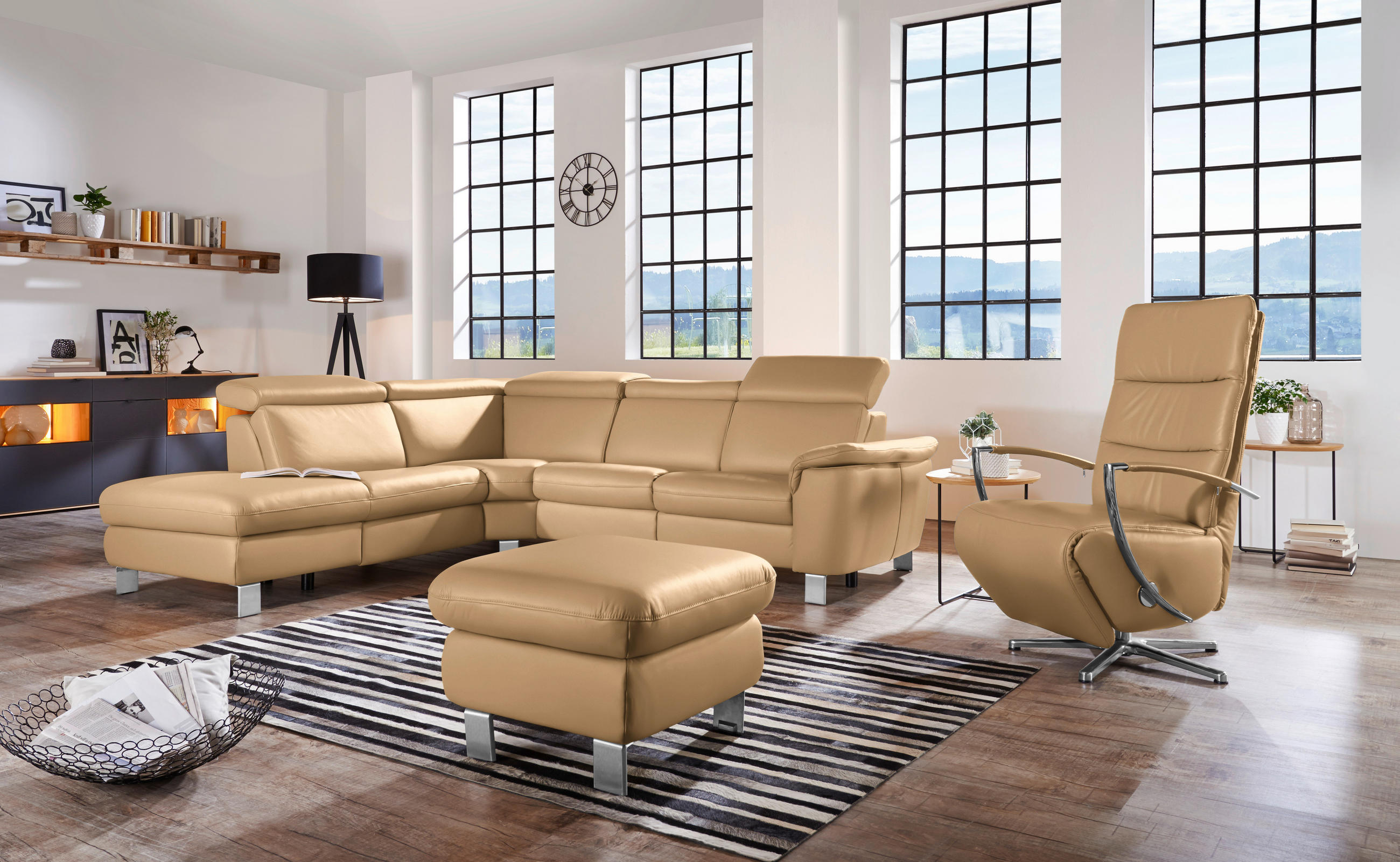 ECKSOFA in Echtleder Honig  - Alufarben/Honig, Design, Leder/Metall (239/271cm) - Cantus