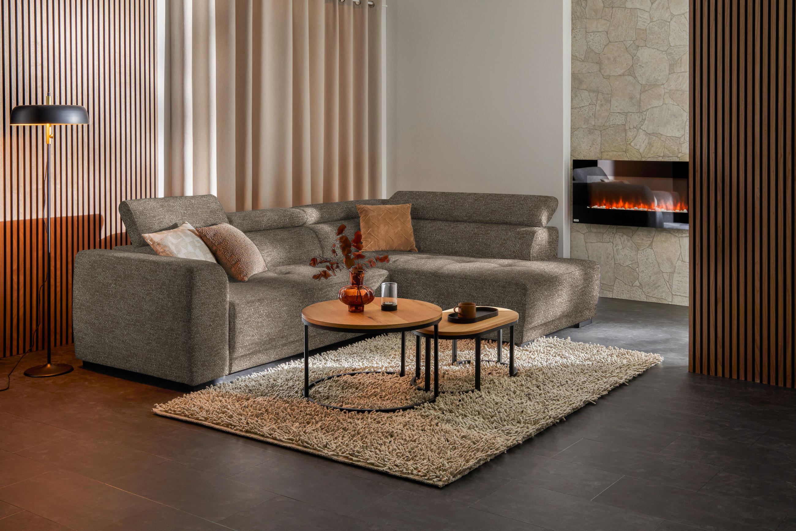ECKSOFA in Chenille Hellbraun  - Hellbraun/Schwarz, Design, Kunststoff/Textil (284/205cm) - MID.YOU