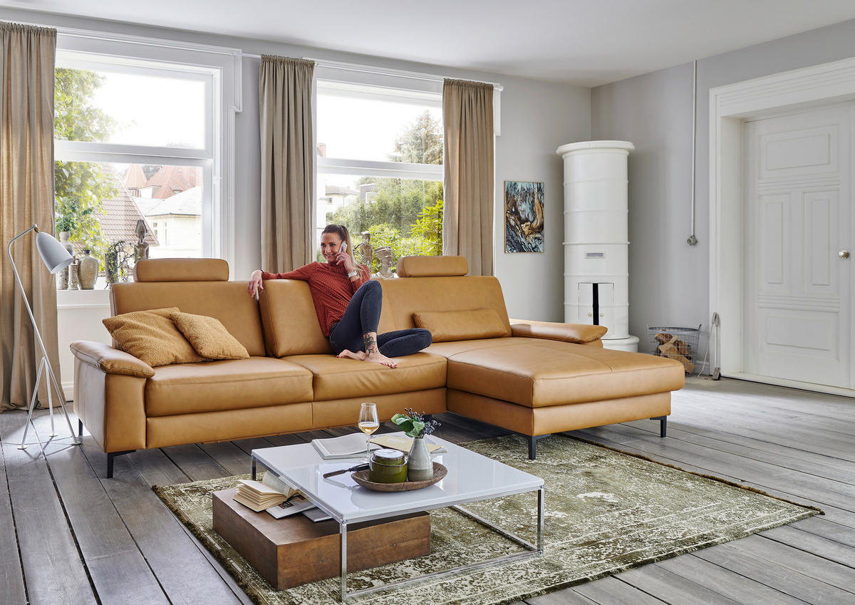 ECKSOFA in Echtleder Currygelb  334/176 cm  - Currygelb/Schwarz, Design, Leder/Metall (334/176cm) - Dieter Knoll