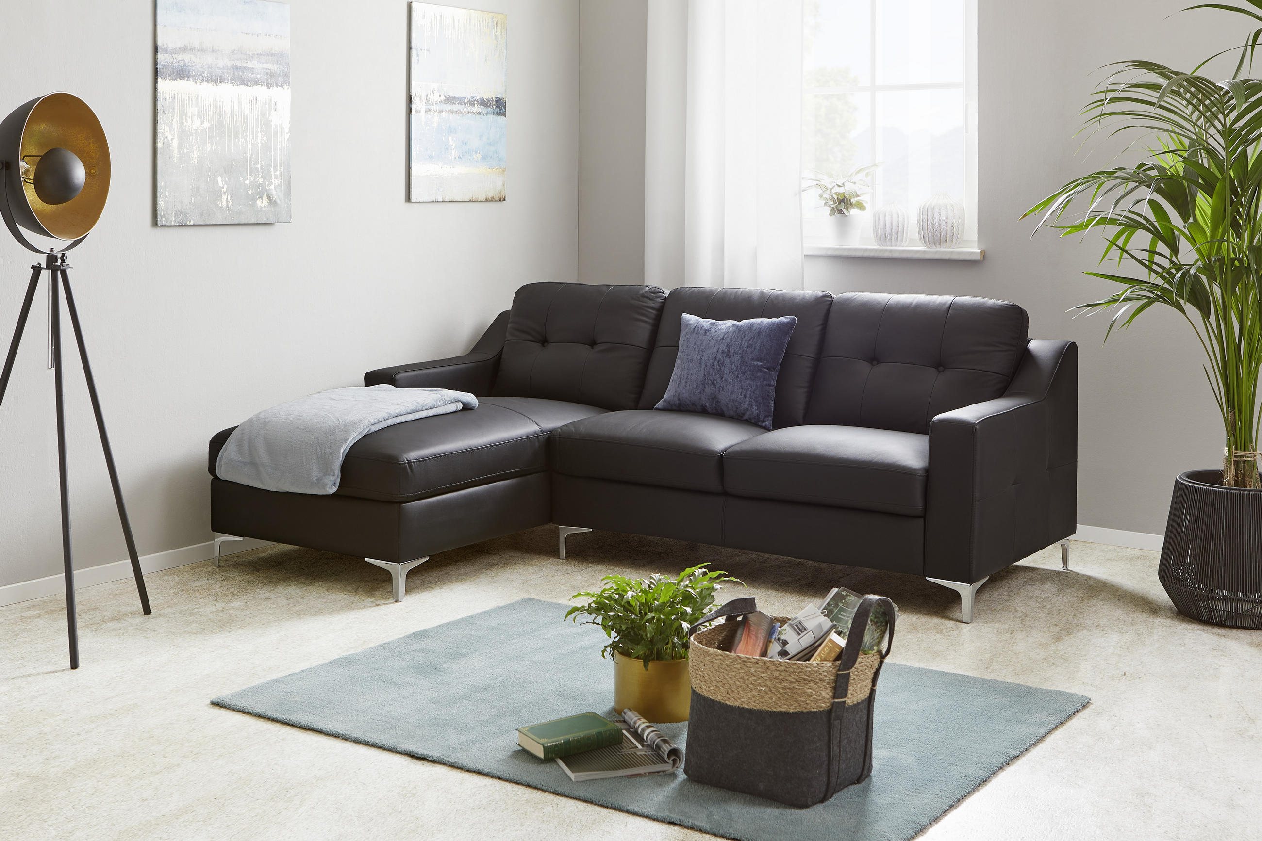 ECKSOFA Schwarz Echtleder  - Chromfarben/Schwarz, MODERN, Leder/Metall (160/228cm) - MID.YOU