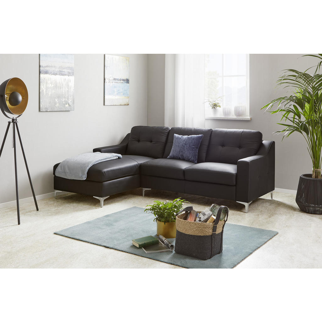 Thumbnail - Mid.you Ecksofa, Schwarz, Leder, Echtleder, Büffelleder, 3-Sitzer, Ottomane links, L-Form, 228x160 cm, Wohnzimmer, Sofas...