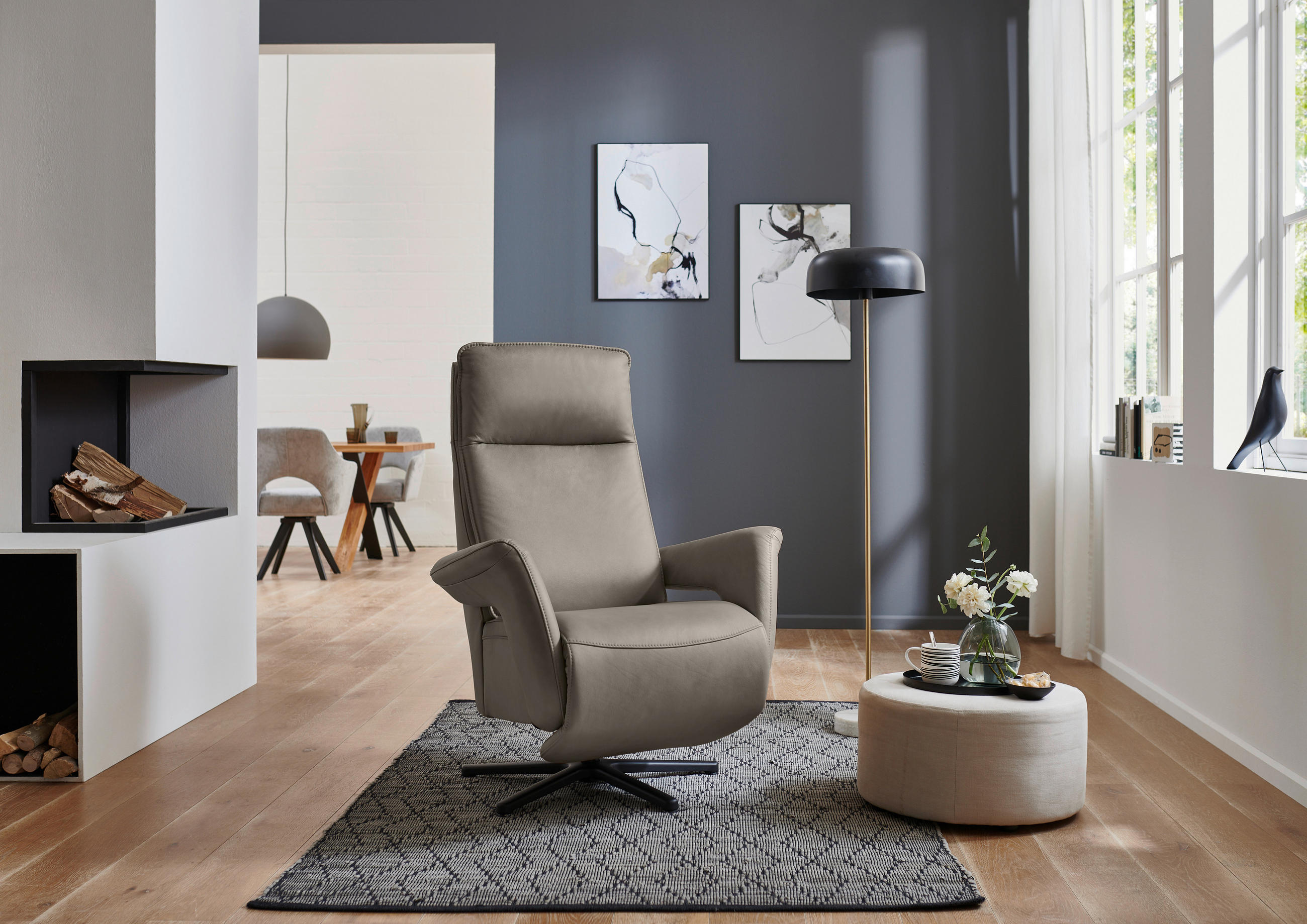RELAXSESSEL in Leder Graubraun  - Graubraun/Schwarz, Design, Leder/Metall (83/112/87-174cm) - Valdera