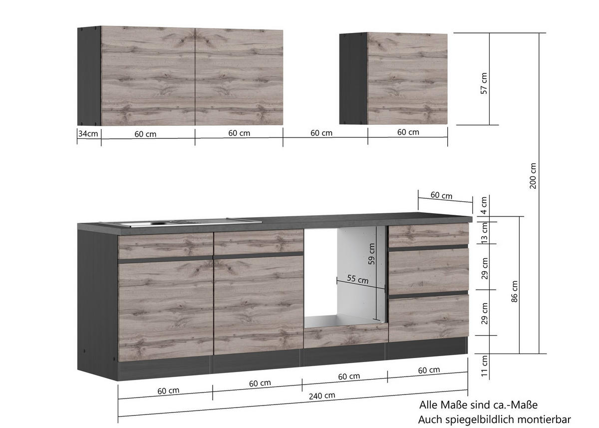 KÜCHENLEERBLOCK 240 cm   in Grau, Eiche Wotan  - Eiche Wotan/Grau, Design, Holzwerkstoff (240cm) - Held