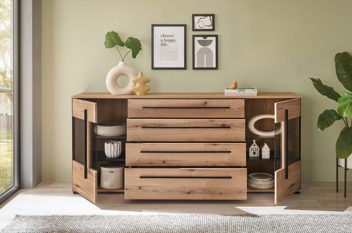 SIDEBOARD  200/86/42 cm 4 Schublade(n)  - Eichefarben/Schwarz, Design, Glas/Holzwerkstoff (200/86/42cm) - Livetastic
