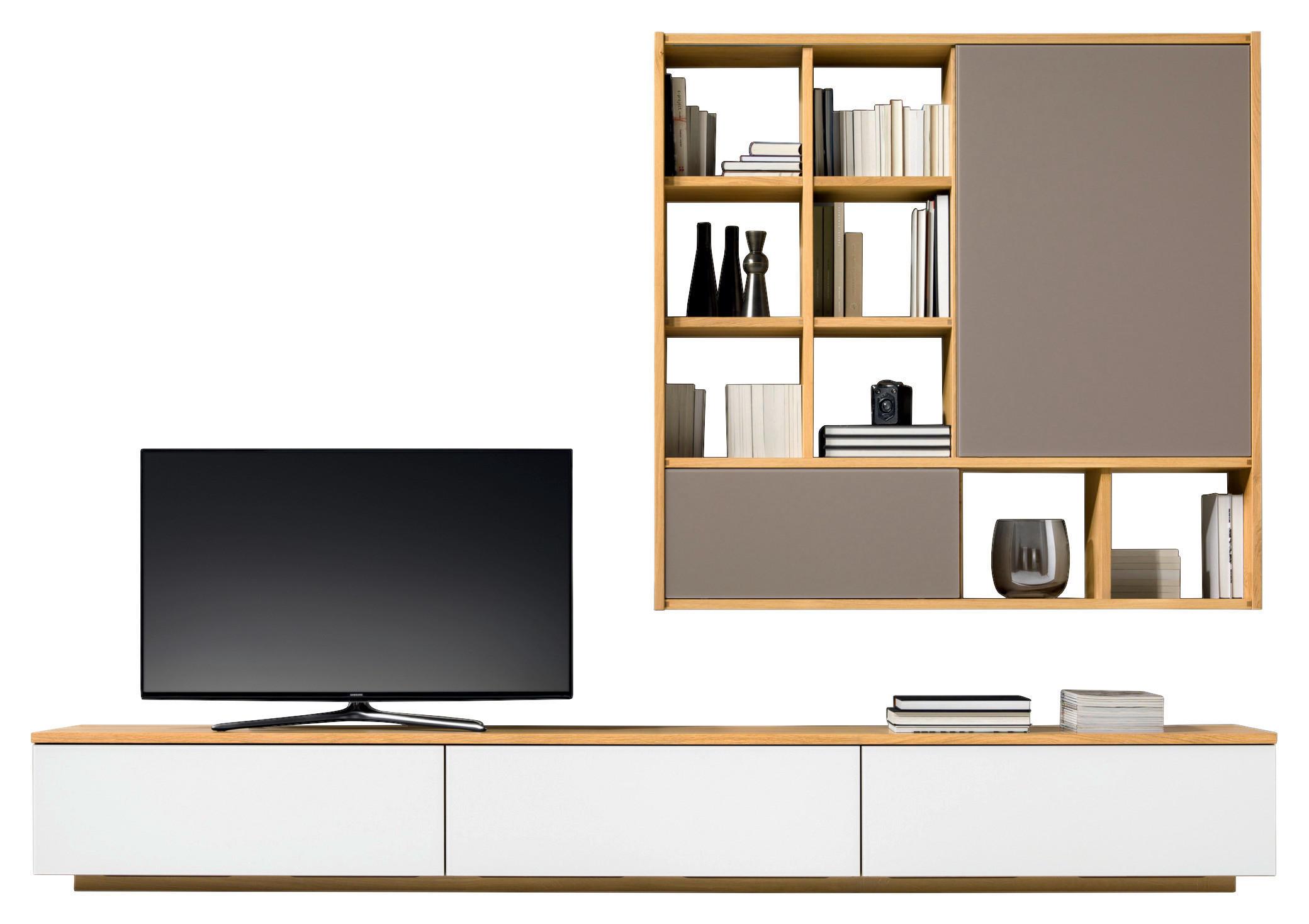 WOHNWAND  in Weiß, Taupe, Eichefarben  300/216,1/48,4 cm  - Taupe/Eichefarben, Design, Glas/Holz (300/216,1/48,4cm) - Team 7