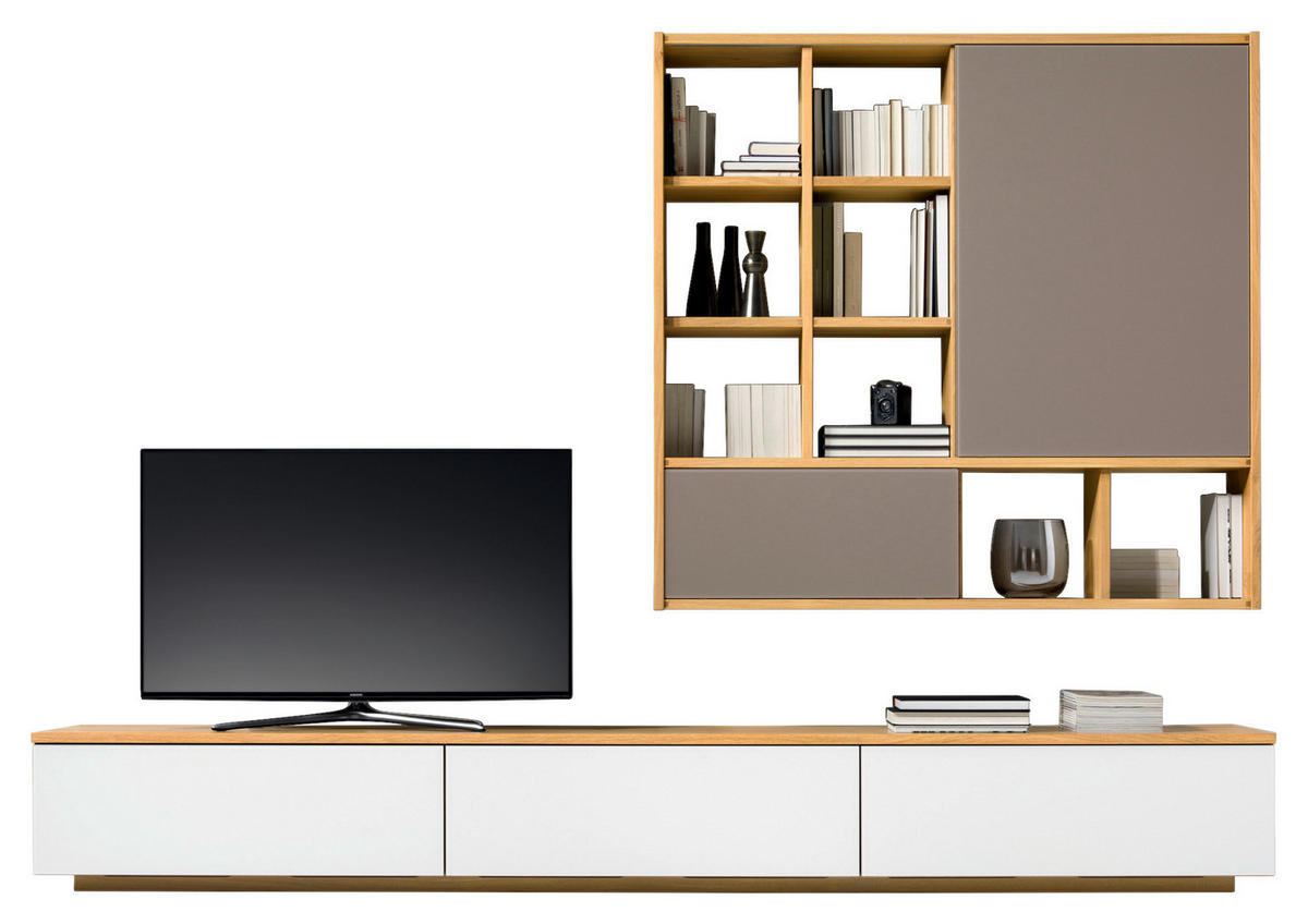 WOHNWAND  in Weiß, Taupe, Eichefarben  300/216,1/48,4 cm  - Taupe/Eichefarben, Design, Glas/Holz (300/216,1/48,4cm) - Team 7
