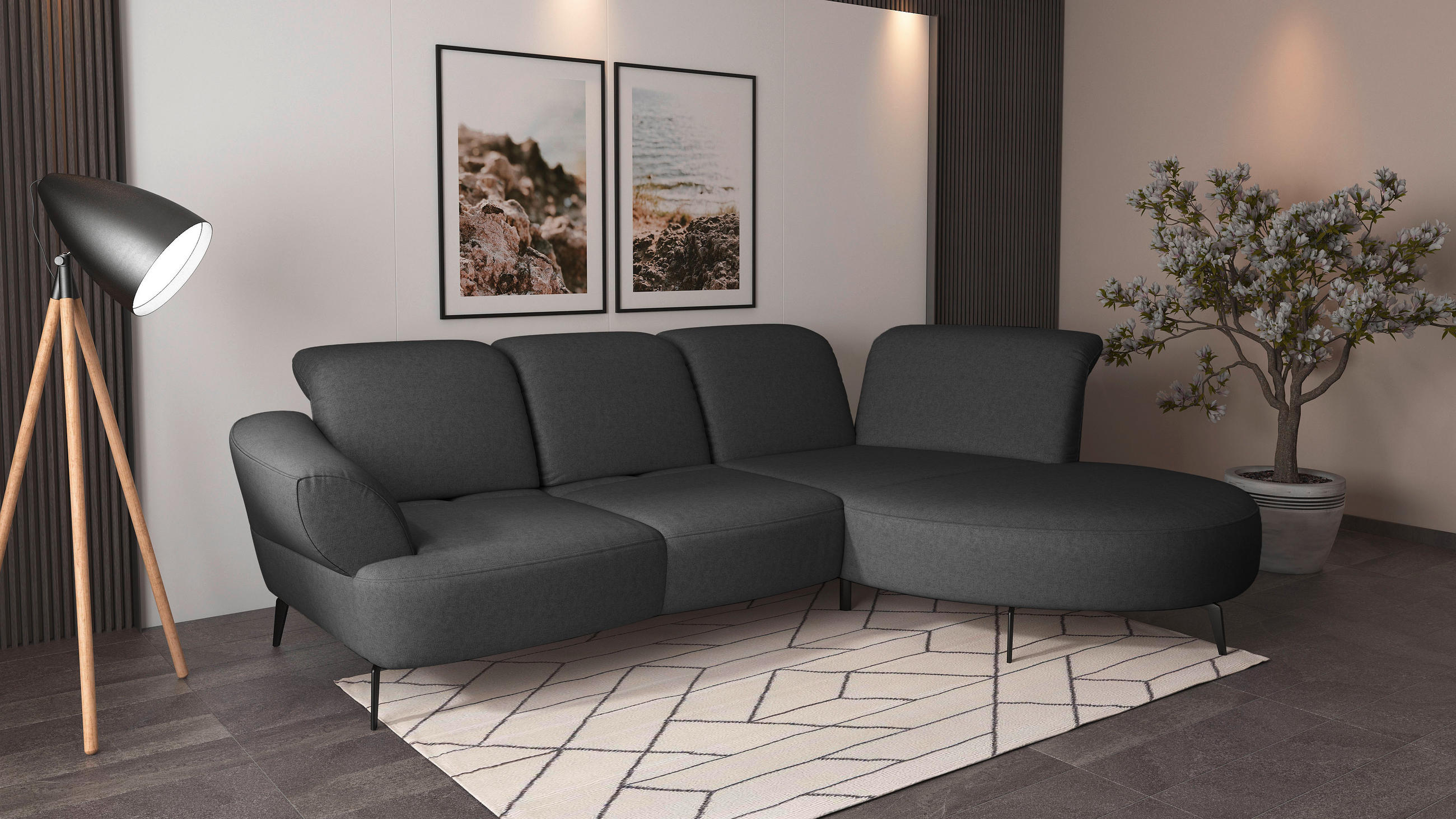 ECKSOFA in Flachgewebe Dunkelgrau  - Dunkelgrau/Schwarz, Modern, Textil/Metall (313/208cm) - Sit & More