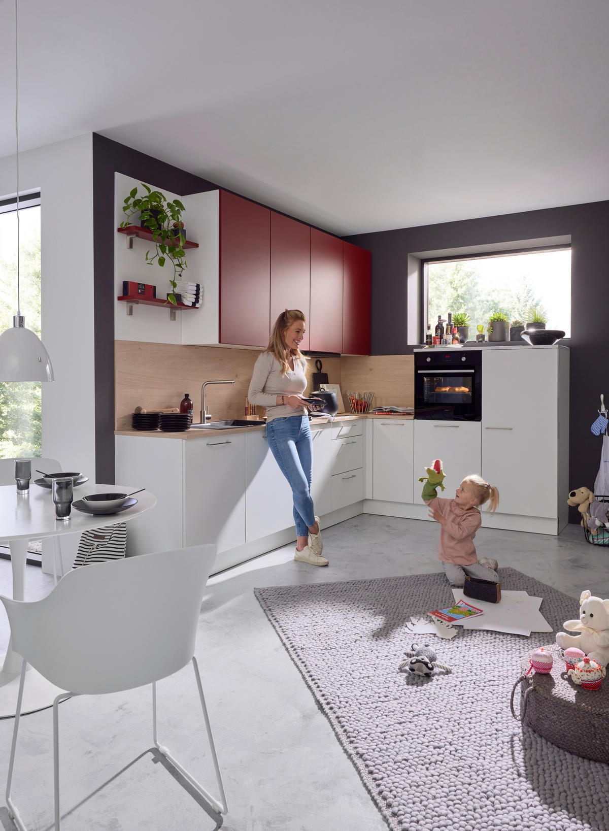EINBAUKÜCHE FEEL  - Eichefarben/Rot, Design, Holzwerkstoff - Dieter Knoll