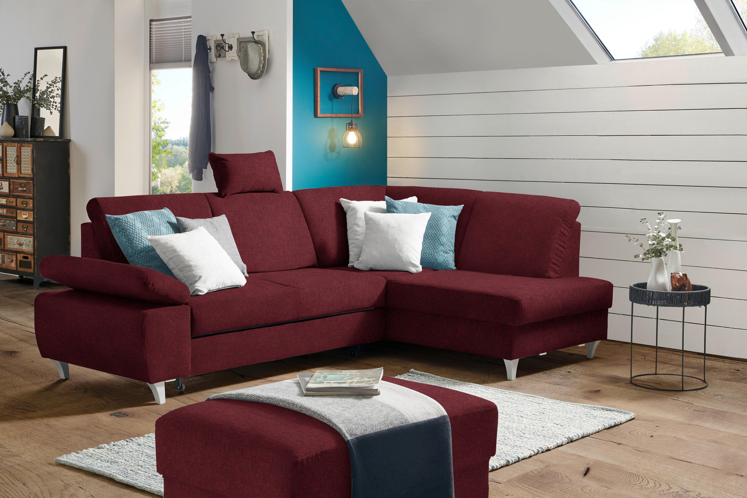 ECKSOFA in Flachgewebe Rot  - Silberfarben/Rot, Konventionell, Holz/Textil (255/186cm) - Cantus