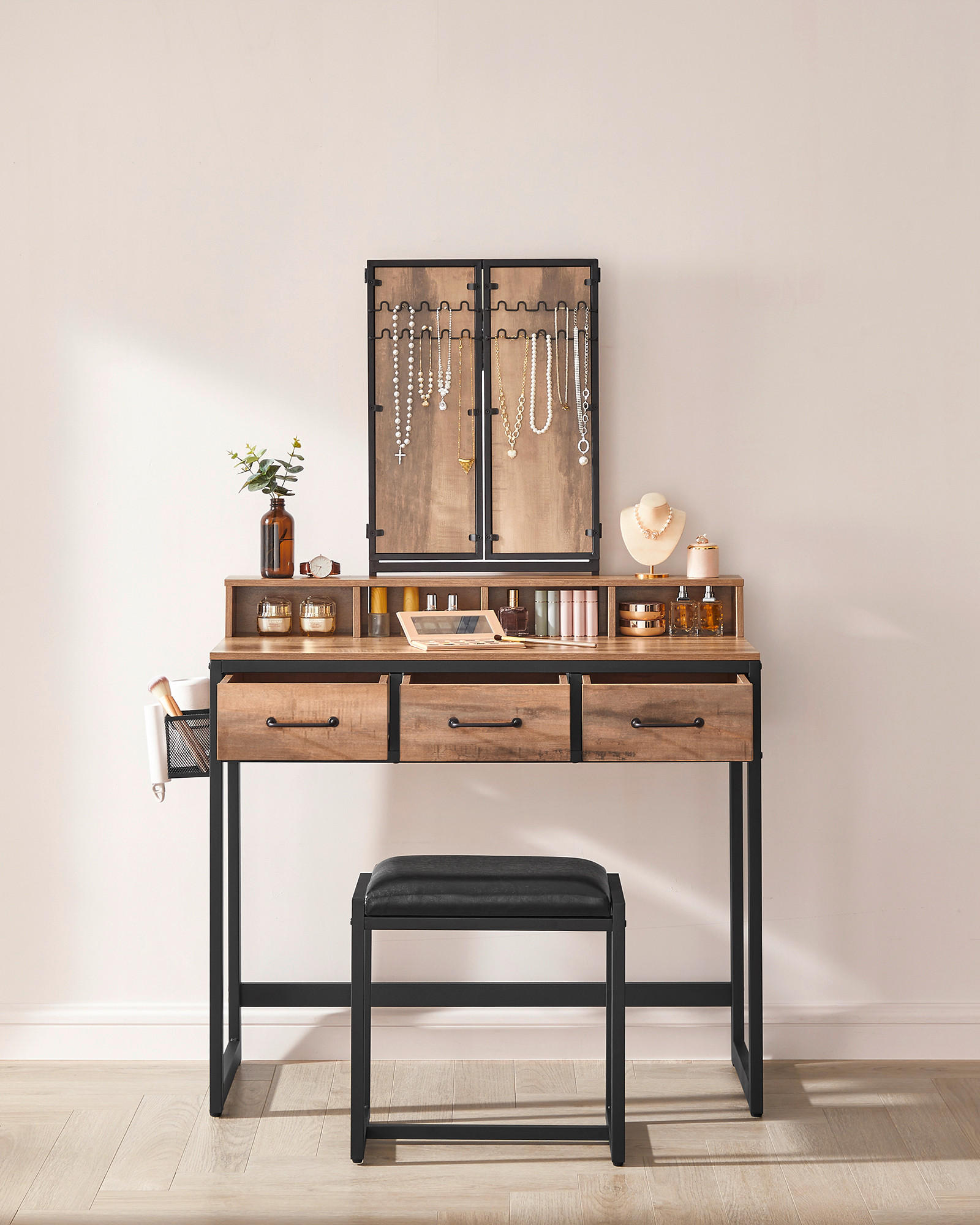 SCHMINKTISCH Eichefarben, Schwarz  - Eichefarben/Schwarz, Trend, Glas/Holzwerkstoff (90/40/141cm) - Boxxx