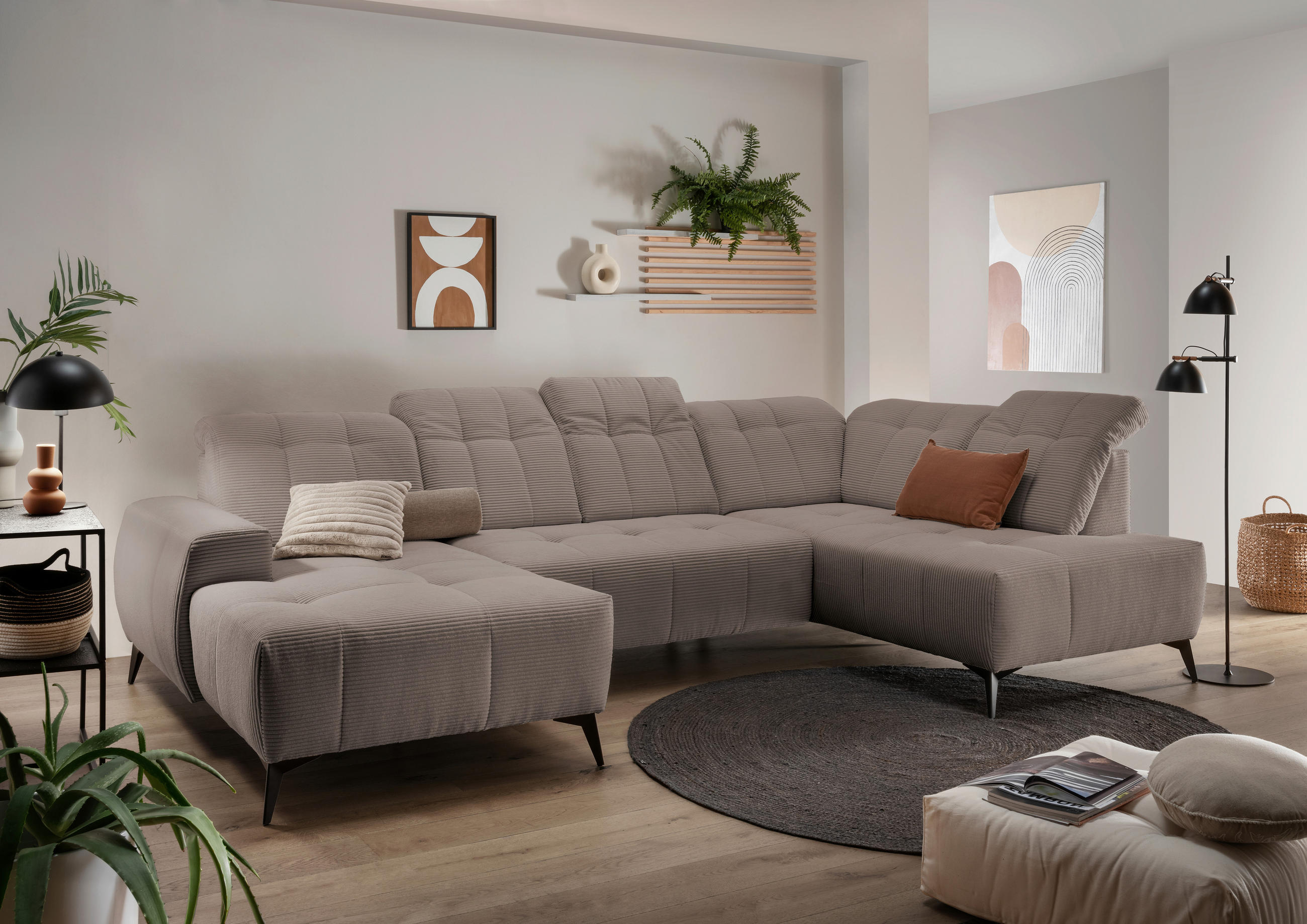 WOHNLANDSCHAFT SANO Graubraun Cord  - Graubraun/Schwarz, MODERN, Textil/Metall (180/337/200cm) - Livetastic
