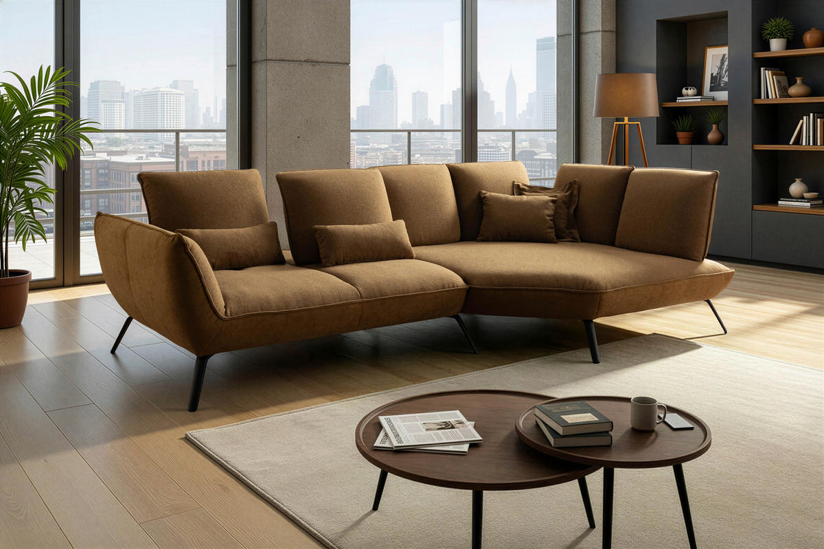 ECKSOFA Braun Flachgewebe Rücken echt, Nierenkissen  - Schwarz/Braun, Design, Textil/Metall (320/169cm) - Moderano