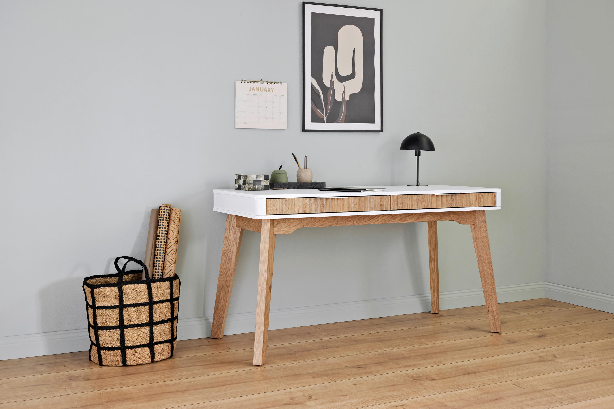 ÍRÓASZTAL  - ezüst/tölgyfa, Modern, faalapú anyag/fém (140/59/76cm) - Novel