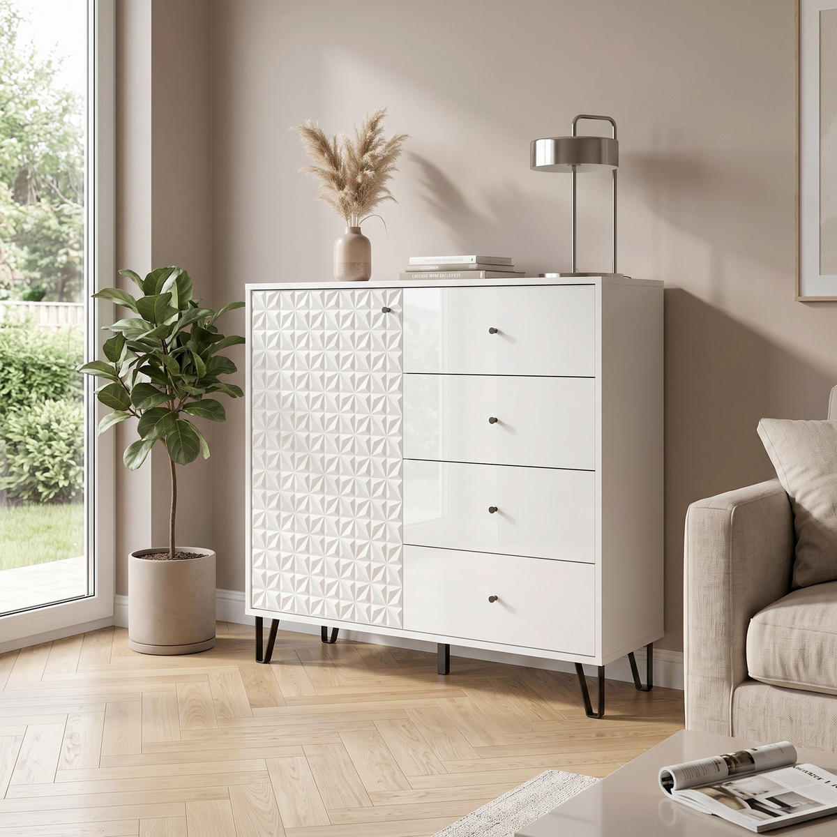 HIGHBOARD  110/96/40 cm 4 Schublade(n)  - Weiß Hochglanz/Schwarz, Design, Holzwerkstoff/Kunststoff (110/96/40cm) - Livetastic