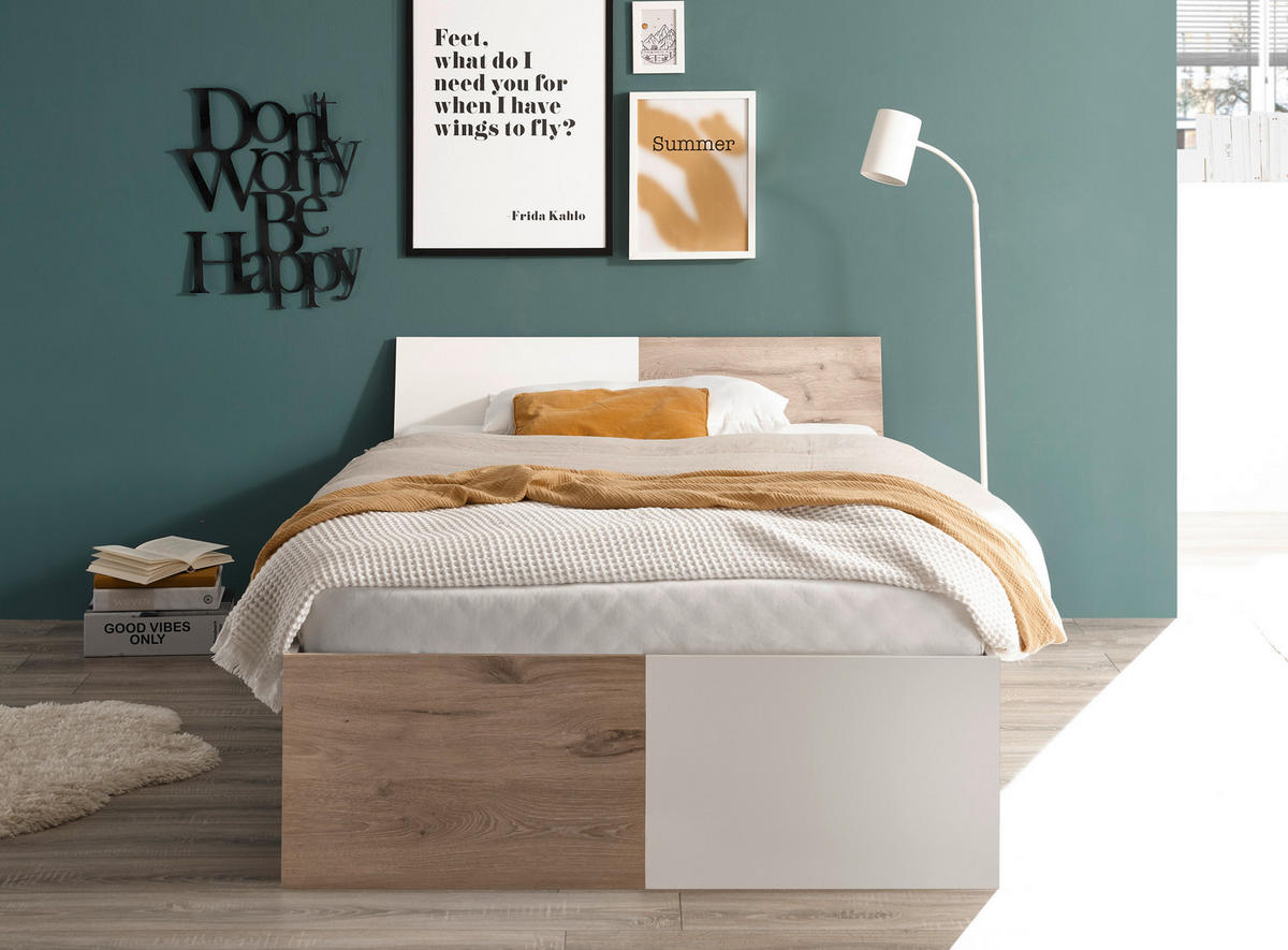 BETT 120/200 cm  in Weiß, Eichefarben  - Eichefarben/Weiß, KONVENTIONELL (120/200cm) - MID.YOU