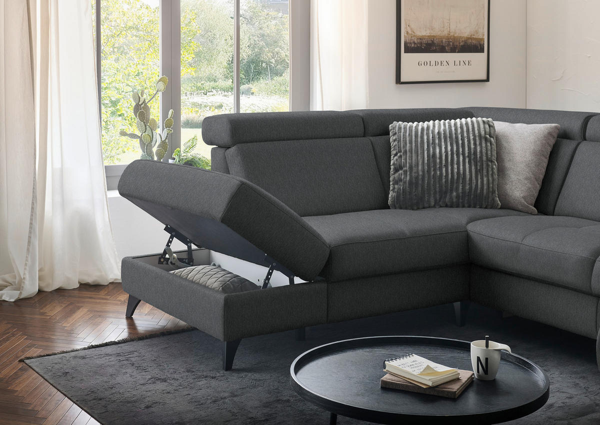 WOHNLANDSCHAFT Flachgewebe Dunkelgrau  - Dunkelgrau/Schwarz, Konventionell, Textil/Metall (215/333/174cm) - Beldomo System