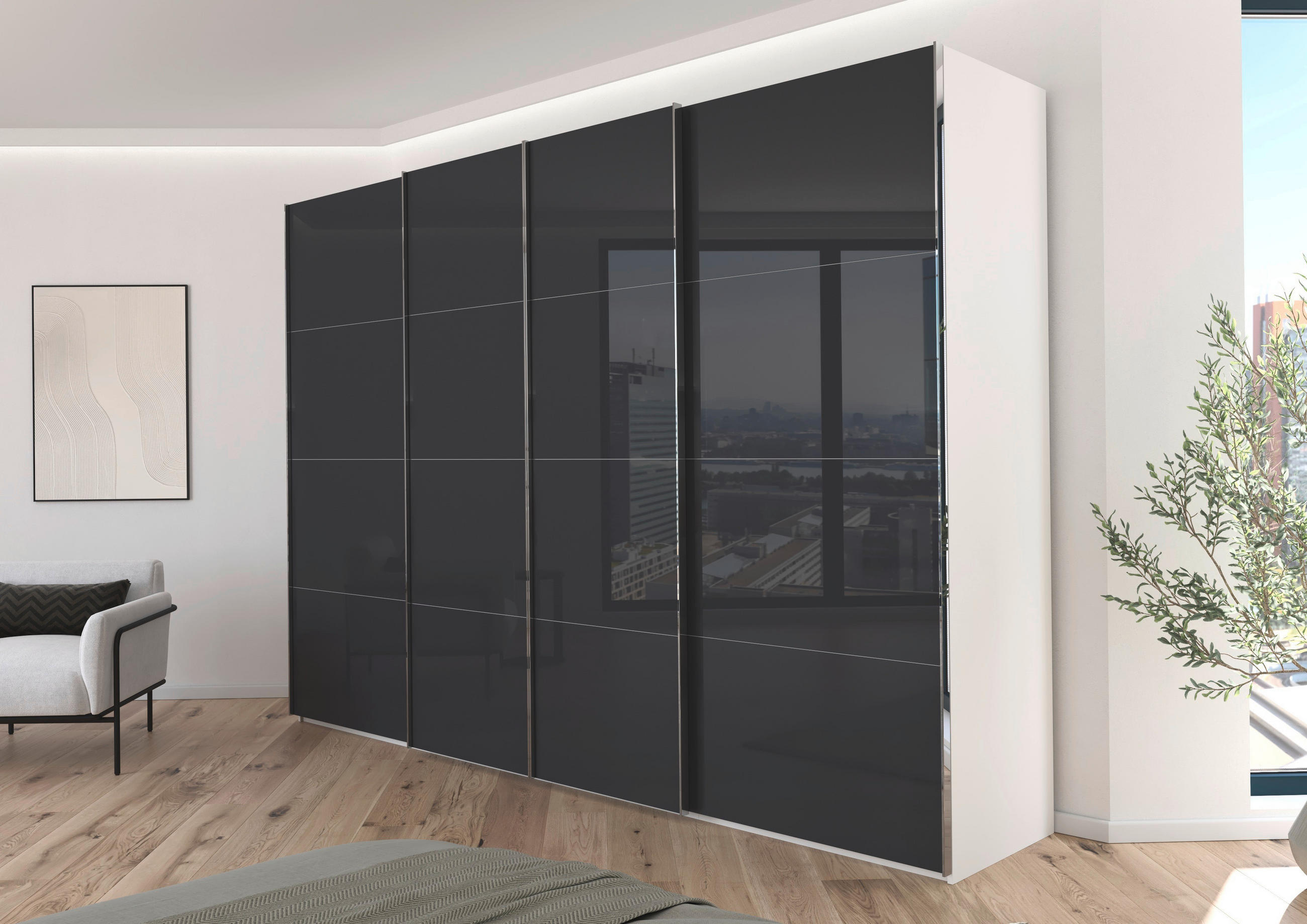 SCHWEBETÜRENSCHRANK 316/223/68 cm 4-türig Grau, Weiß  - Chromfarben/Weiß, Design, Glas/Holzwerkstoff (316/223/68cm) - Novel
