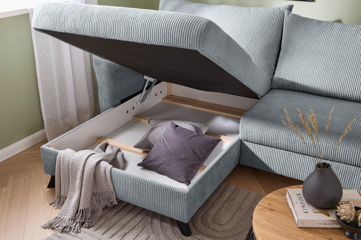 ECKSOFA in Cord Hellgrau  - Hellgrau/Schwarz, ROMANTIK / LANDHAUS, Holz/Textil (245/159cm) - Stylife