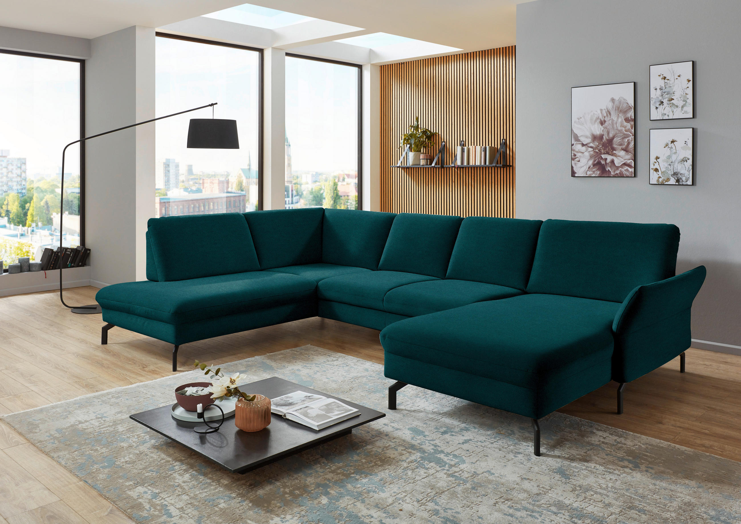 WOHNLANDSCHAFT in Velours Petrol  - Petrol/Schwarz, Design, Textil/Metall (220/335/179cm) - Beldomo System