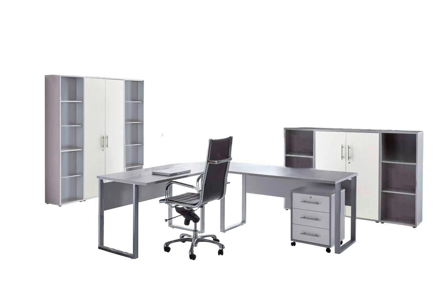 BÜRO erweiterbar, in verschiedenen Holz-Dekoren erhältlich, Schreibtisch seitenverkehrt montierbar, abschließbar Grau, Weiß - Weiß/Grau, MODERN, Holzwerkstoff - MID.YOU