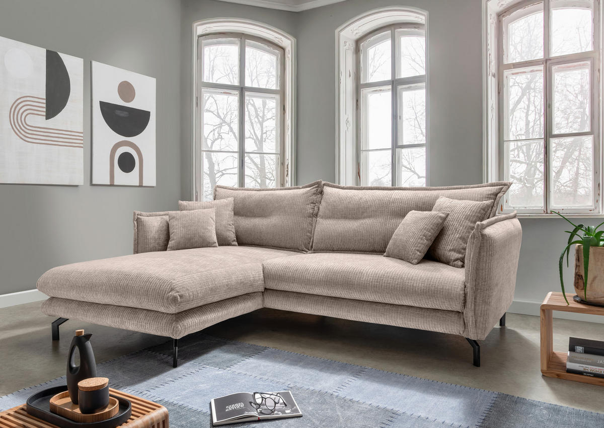 ECKSOFA in Velours Beige  - Beige/Schwarz, Design, Textil/Metall (180/255cm) - Livetastic