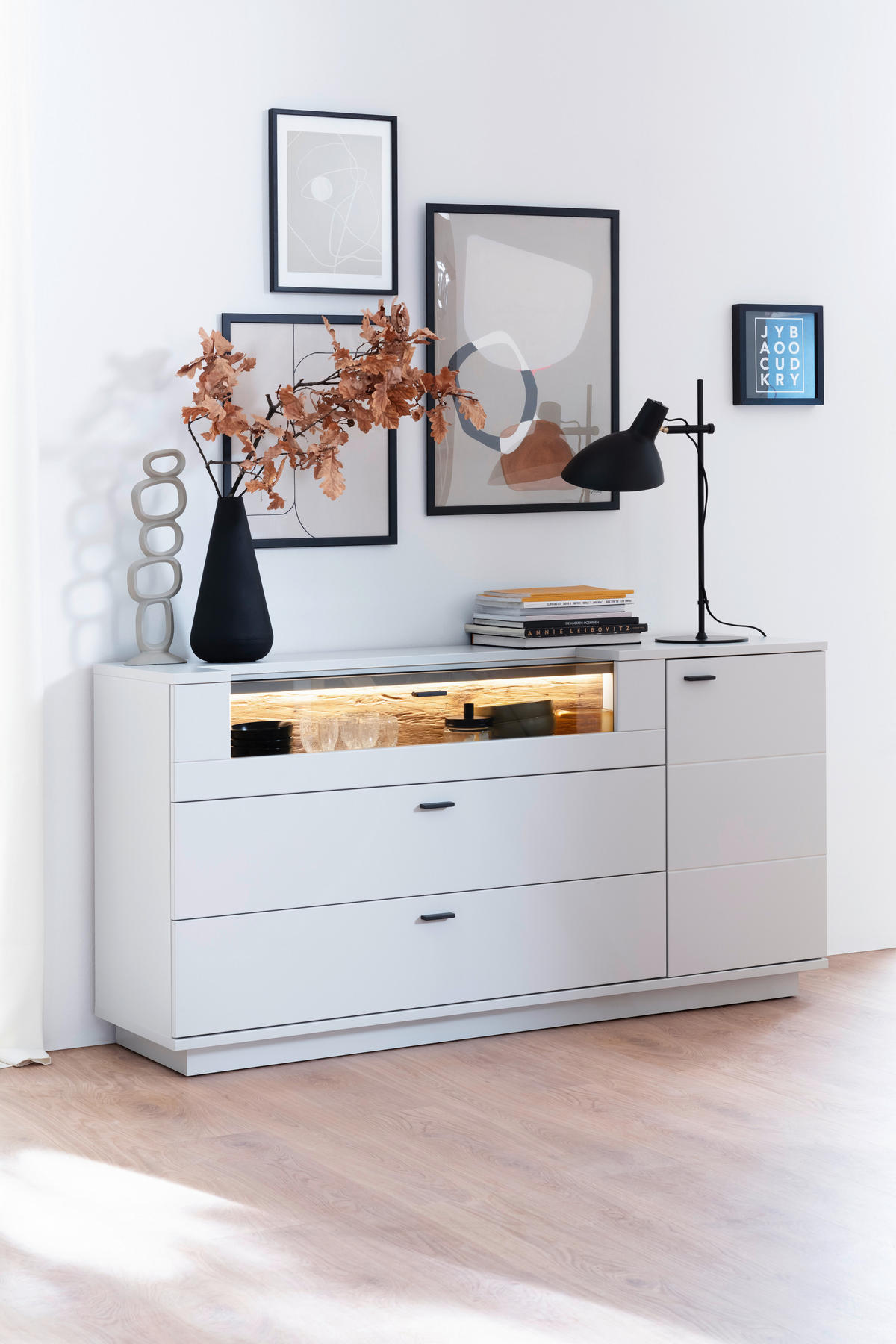 SIDEBOARD  in 165/84/44 cm  - Eichefarben/Anthrazit, Design, Glas/Holzwerkstoff (165/84/44cm) - Stylife