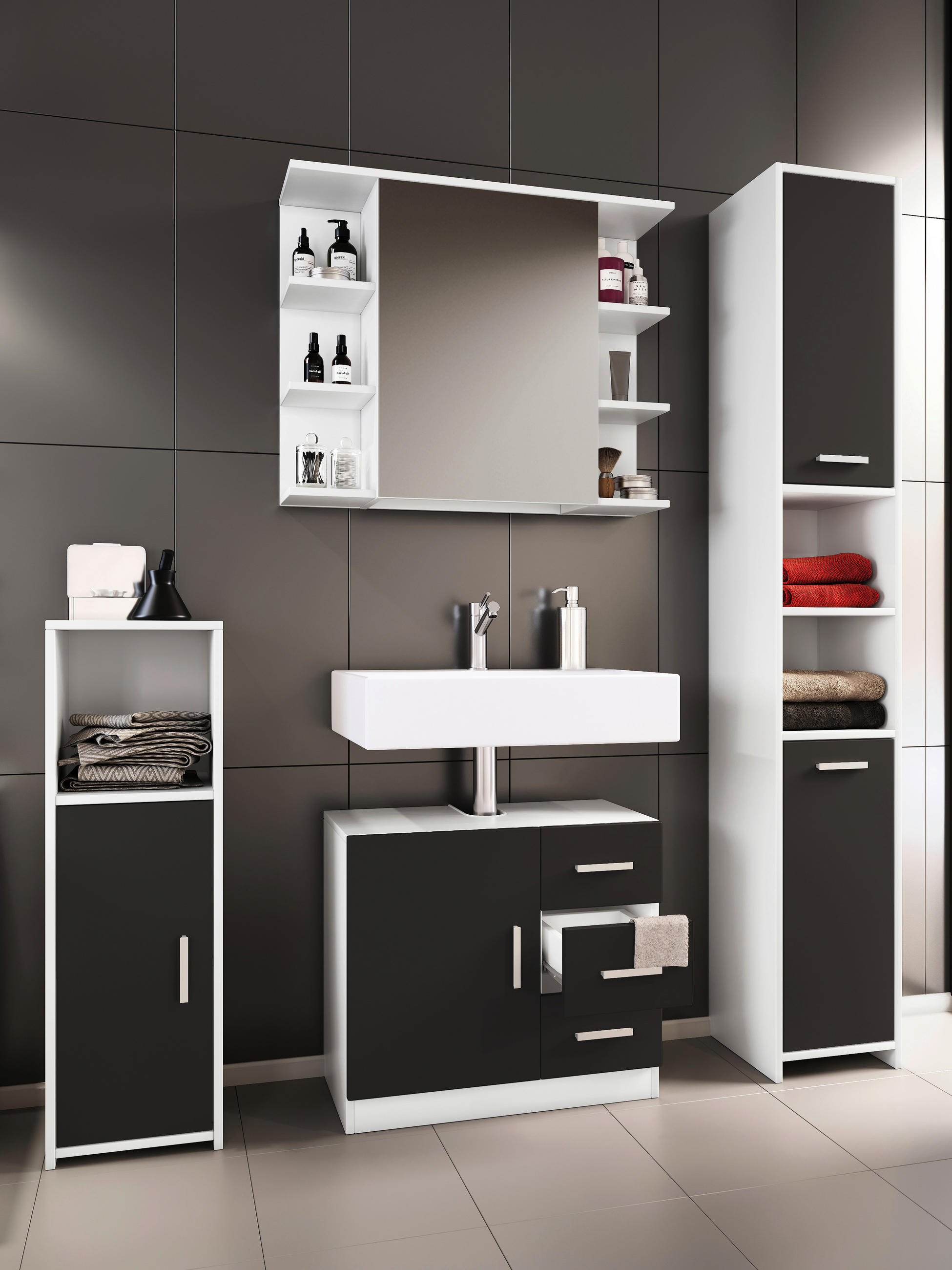 BADEZIMMER 4-teilig  in 140 cm  - Schwarz/Weiß, MODERN, Holzwerkstoff (140cm) - MID.YOU