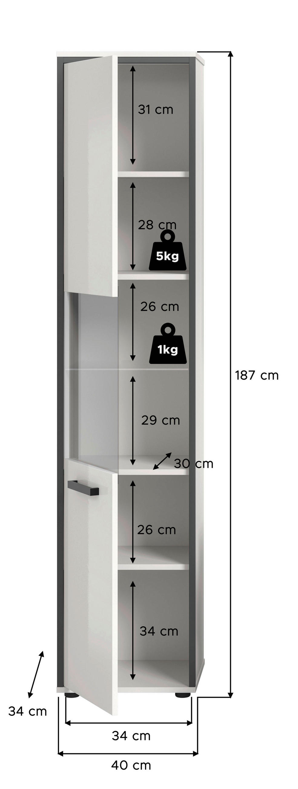 HOCHSCHRANK 40/188/34 cm  - Weiß Hochglanz/Schwarz, MODERN, Holzwerkstoff/Kunststoff (40/188/34cm) - MID.YOU