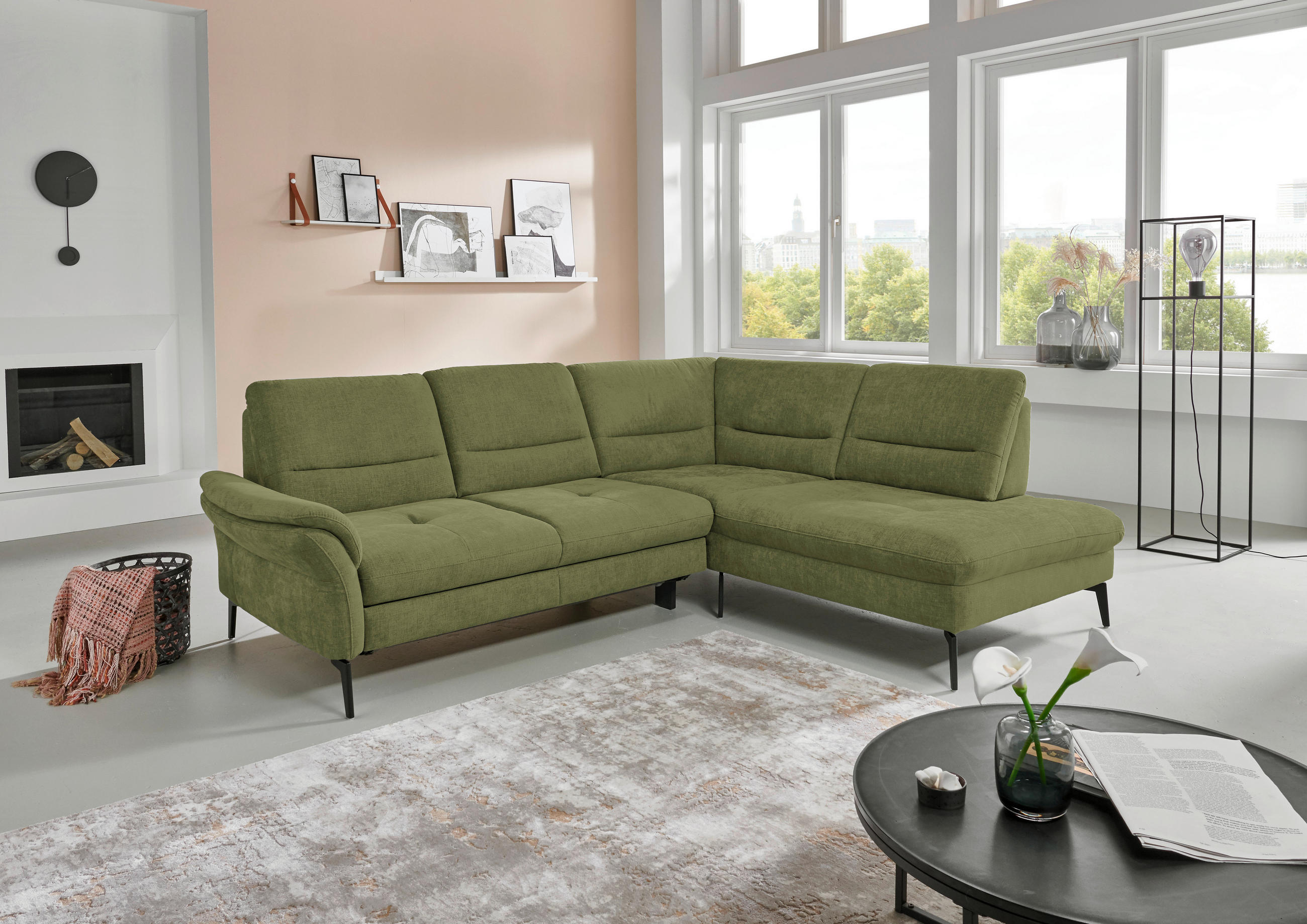 ECKSOFA in Webstoff Grün  - Schwarz/Grün, Design, Textil/Metall (256/206cm) - Beldomo System
