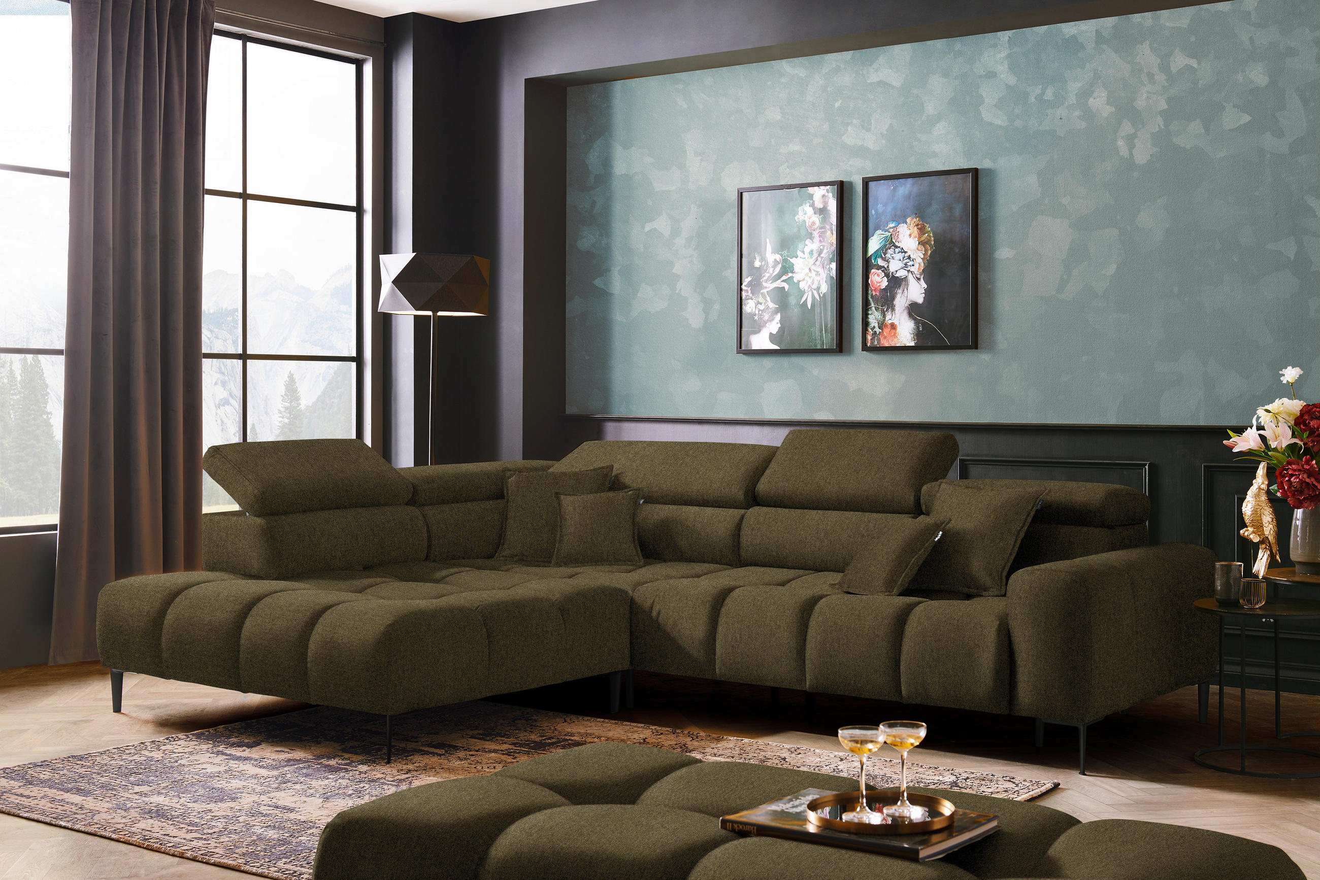 ECKSOFA in Webstoff Olivgrün  - Schwarz/Olivgrün, Design, Textil/Metall (216/300cm) - Welnova