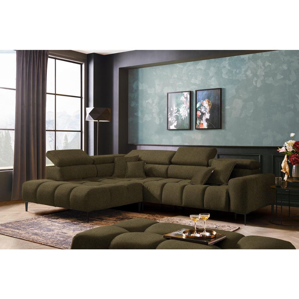 Thumbnail - Welnova Ecksofa, Olivgrün, Textil, Uni, 5-Sitzer, Ottomane links, L-Form, 300x216 cm, Made in EU, Typenauswahl, Stoffaus...