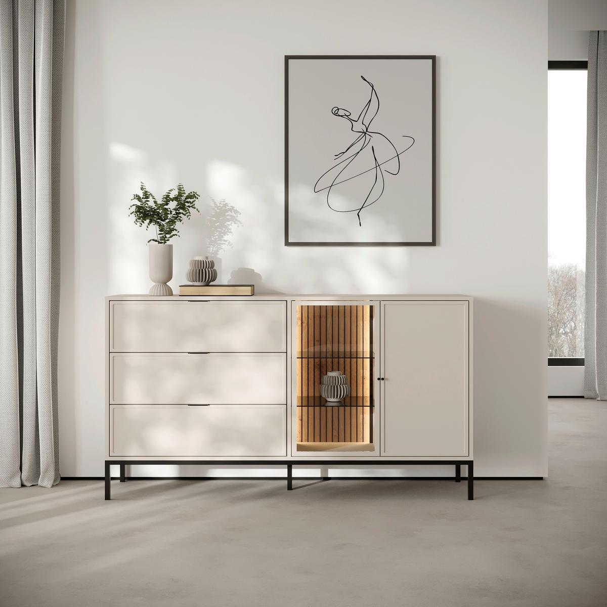 KOMMODE , 150,2/92/40 cm, 3 Schublade(n)  - Kaschmir/Schwarz, Design, Glas/Holzwerkstoff (150,2/92/40cm) - MID.YOU