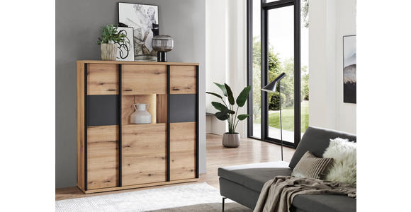 HIGHBOARD Schwarz, Eichefarben, Dunkelgrau  135/141,6/38 cm  - Eichefarben/Dunkelgrau, KONVENTIONELL, Glas/Holzwerkstoff (135/141,6/38cm) - Xora