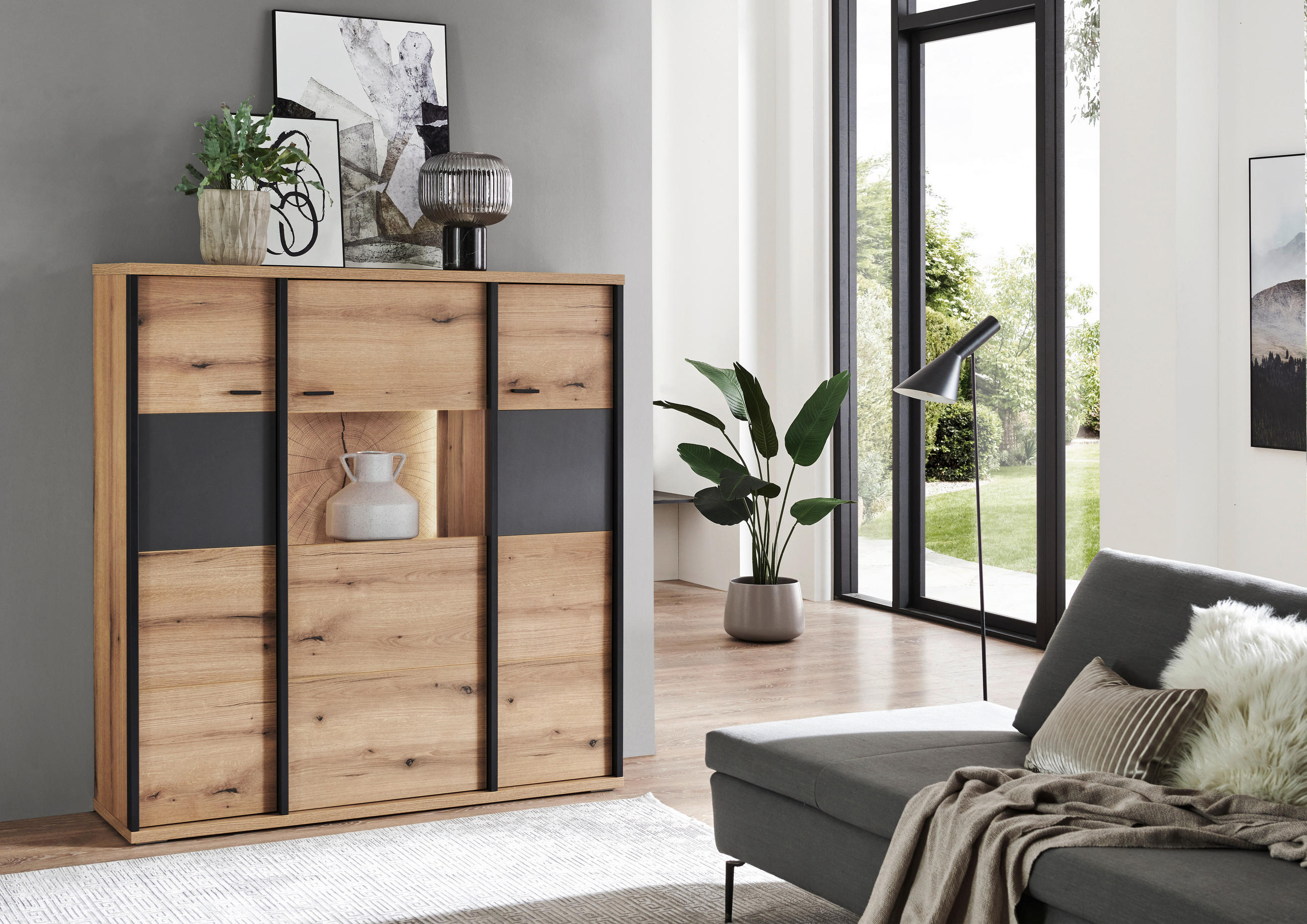 HIGHBOARD Schwarz, Eichefarben, Dunkelgrau  135/141,6/38 cm  - Eichefarben/Dunkelgrau, Konventionell, Glas/Holzwerkstoff (135/141,6/38cm) - Xora