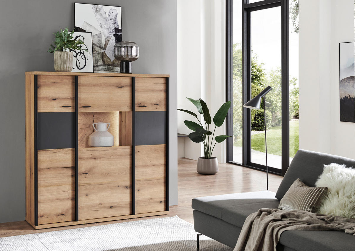 HIGHBOARD Schwarz, Eichefarben, Dunkelgrau  135/141,6/38 cm  - Eichefarben/Dunkelgrau, Konventionell, Glas/Holzwerkstoff (135/141,6/38cm) - Xora