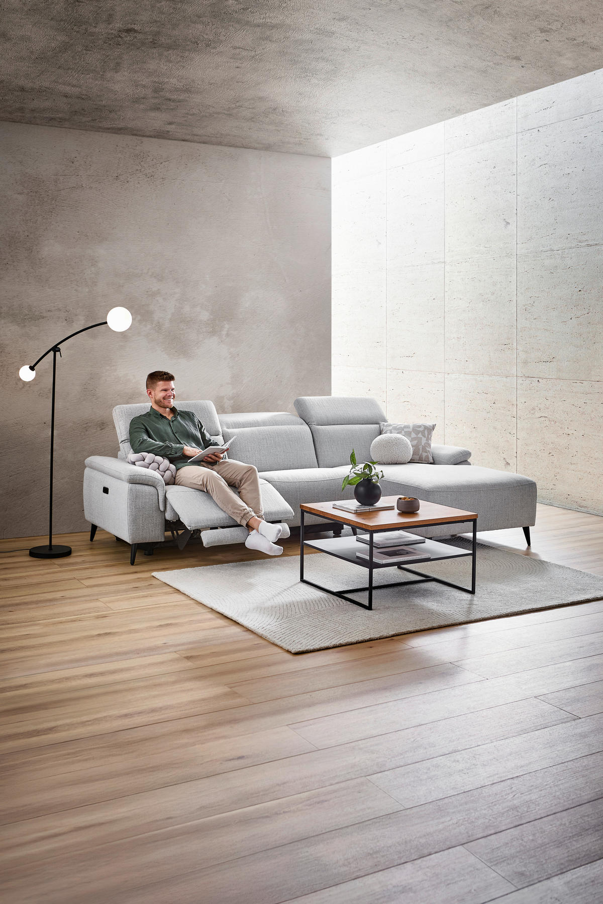 ECKSOFA Leinenoptik Hellgrau, Grauweiss  - Schwarzchrom/Hellgrau, Design, Holz/Kunststoff (270/171cm) - Xora