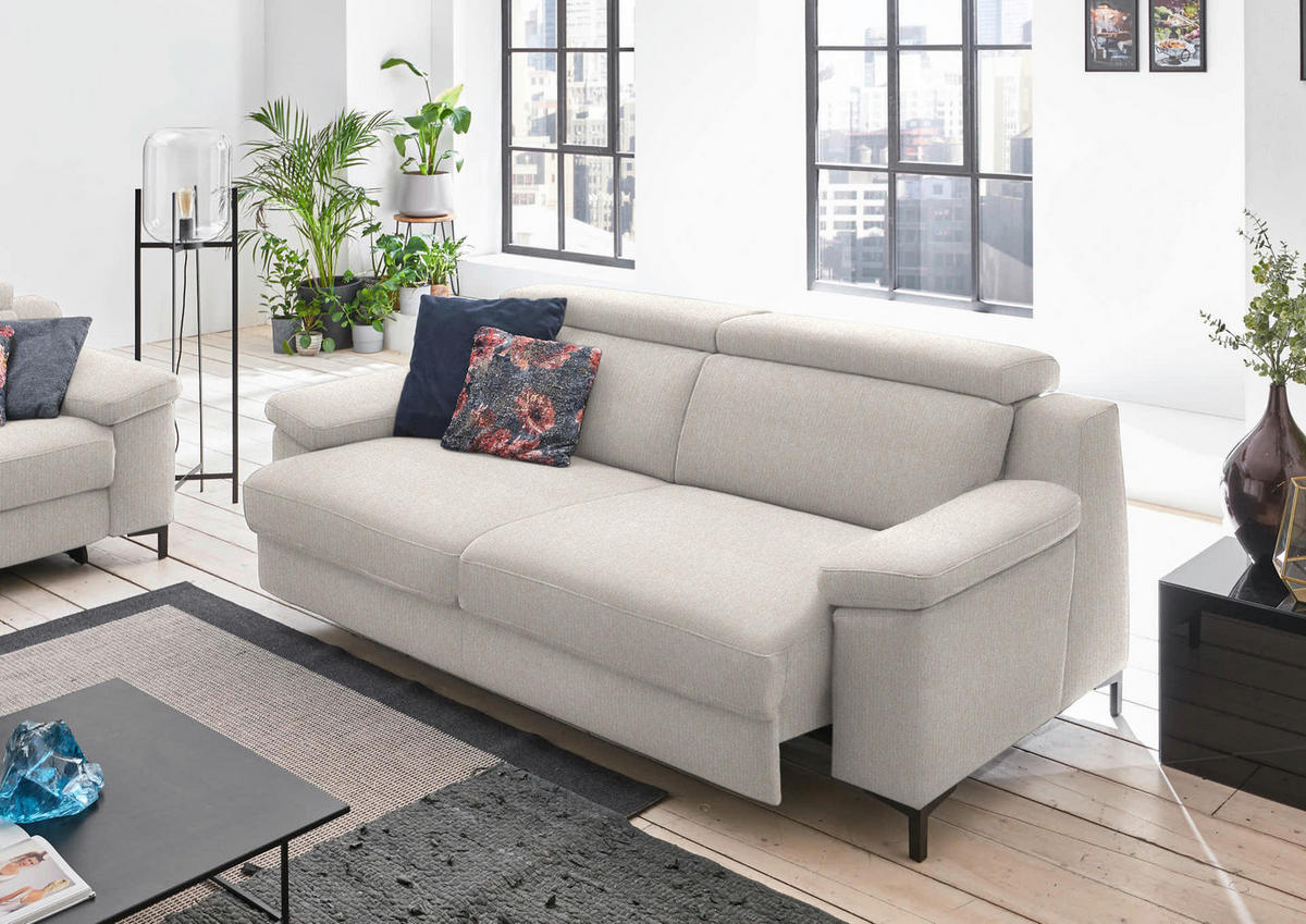 3-SITZER-SOFA in Chenille Ecru  - Ecru/Schwarz, Design, Textil/Metall (230/104/104cm) - Valdera