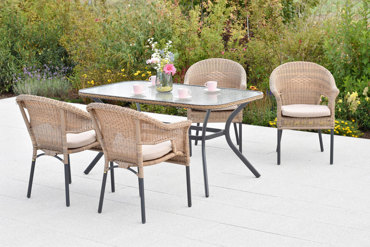 GARTENTISCHGRUPPE  - Beige/Graphitfarben, KONVENTIONELL, Glas/Kunststoff - Gardenson