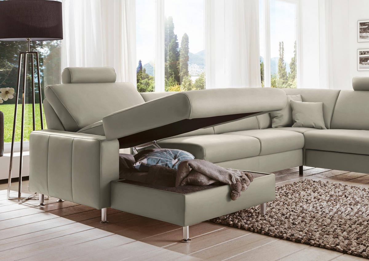 WOHNLANDSCHAFT in Echtleder Platinfarben  - Platinfarben/Alufarben, Design, Leder/Metall (165/339/233cm) - Beldomo Premium