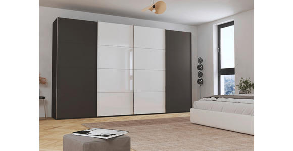 SCHWEBETÜRENSCHRANK 361/223/68 cm 4-türig Graphitfarben, Weiß - Chromfarben/Graphitfarben, KONVENTIONELL, Glas/Holzwerkstoff (361/223/68cm) - Novel