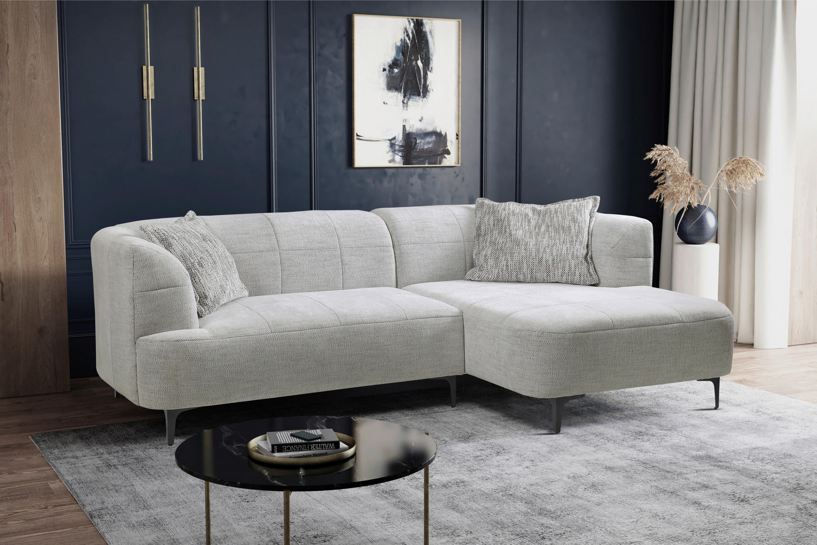 ECKSOFA in Struktur Hellgrau  - Hellgrau/Schwarz, Design, Textil/Metall (247/158cm) - MID.YOU