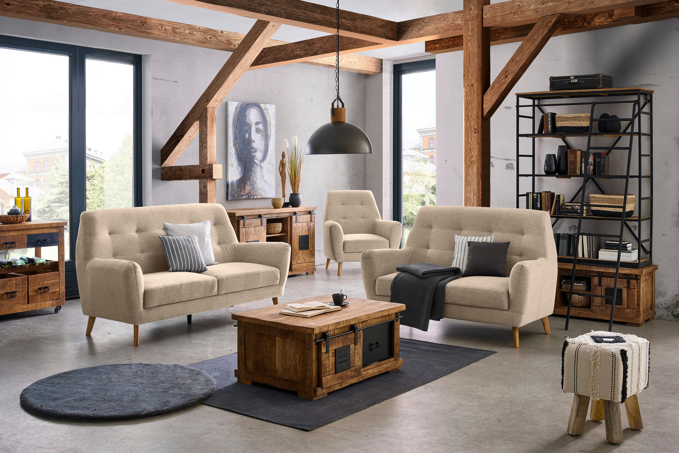 3-SITZER-SOFA Webstoff Braun  - Eichefarben/Schwarz, Design, Holz/Kunststoff (200/105/84cm) - Carryhome