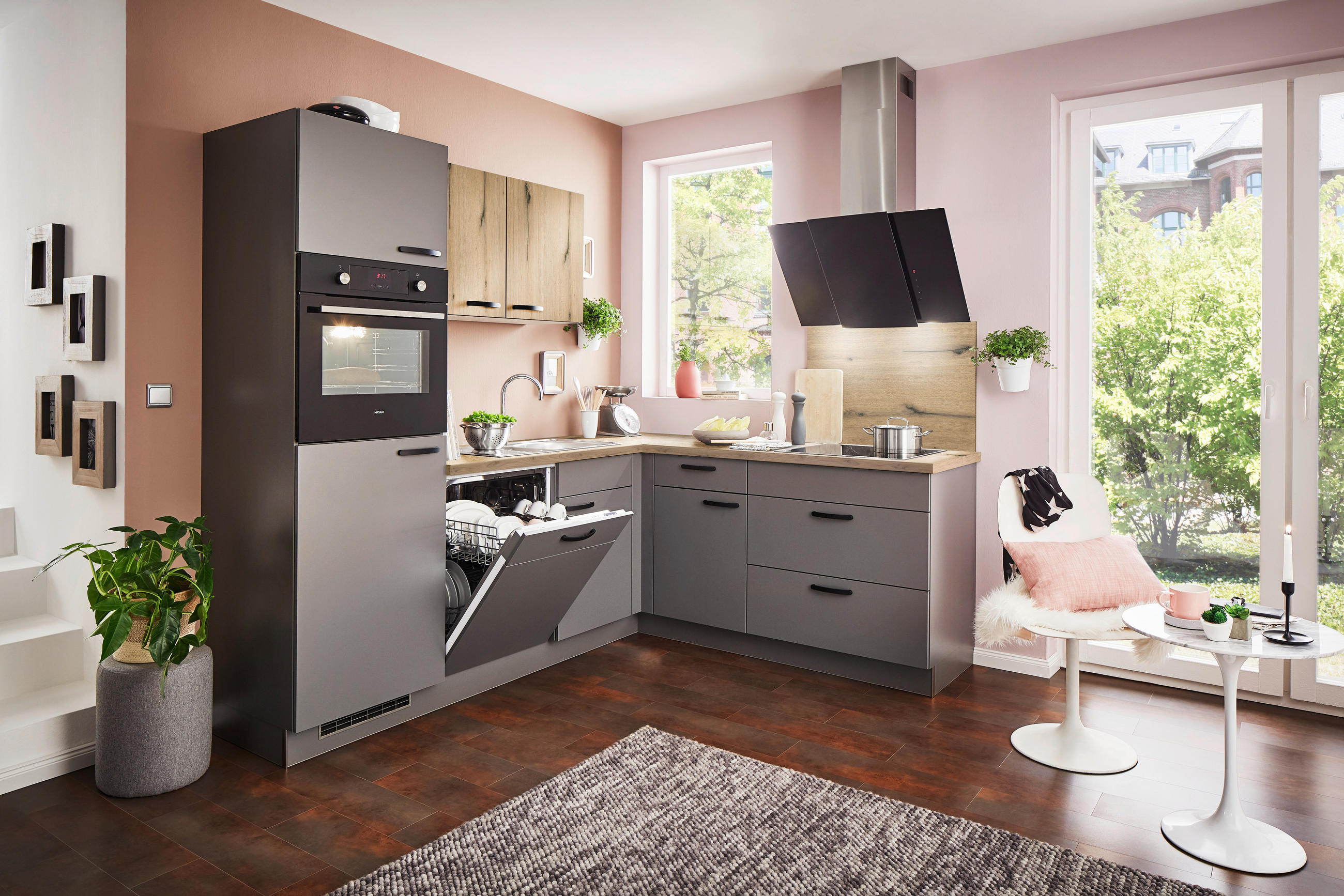 ECKKÜCHE 235/195 cm  in Anthrazit, Eichefarben  - Eichefarben/Anthrazit, Basics, Holzwerkstoff/Metall (235/195cm) - Welnova