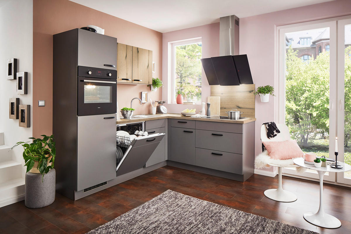 ECKKÜCHE 235/195 cm  in Anthrazit, Eichefarben  - Eichefarben/Anthrazit, Basics, Holzwerkstoff/Metall (235/195cm) - Welnova