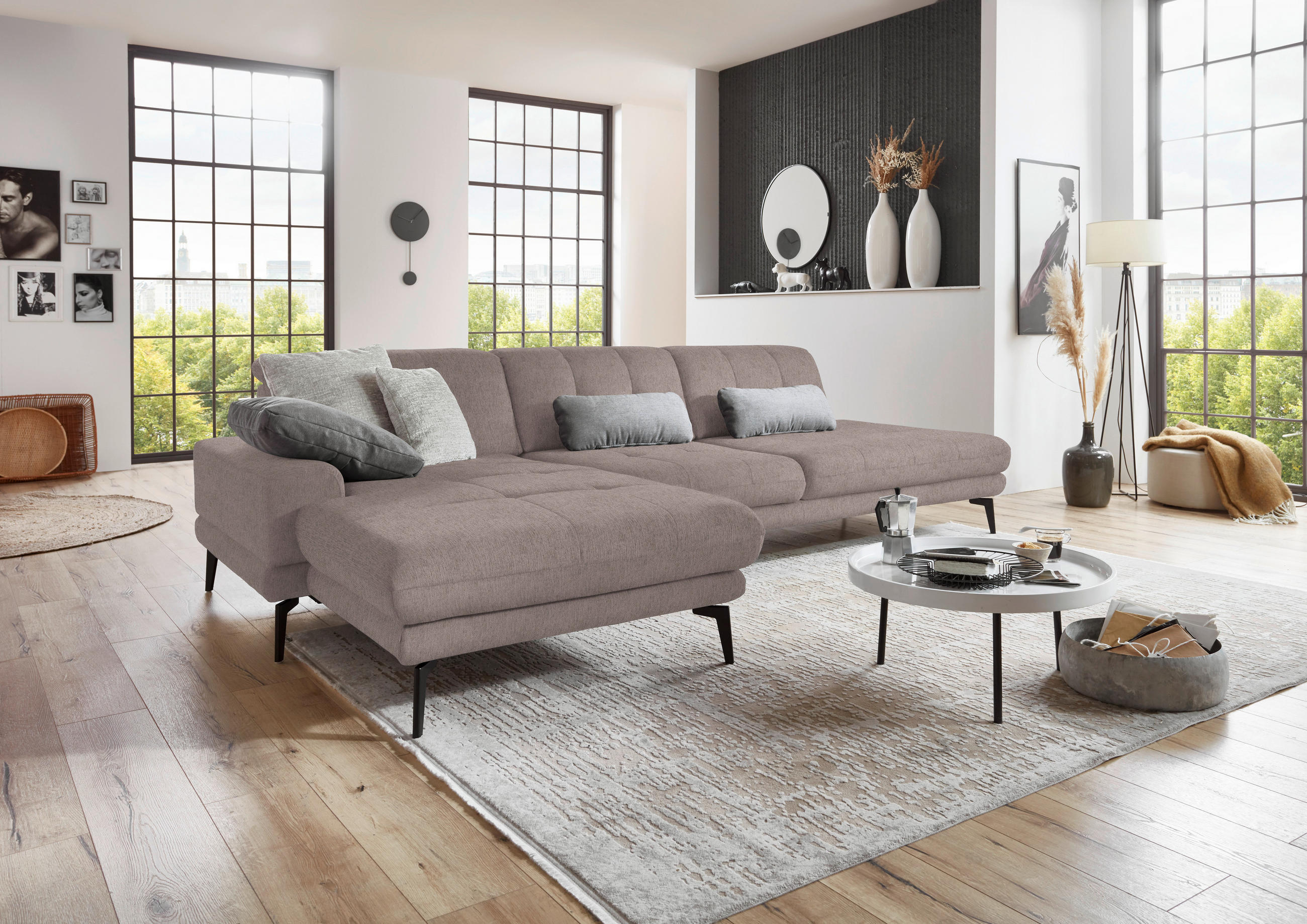 ECKSOFA in Flachgewebe Silberfarben  - Silberfarben/Schwarz, Design, Textil/Metall (190/309cm) - Beldomo Style