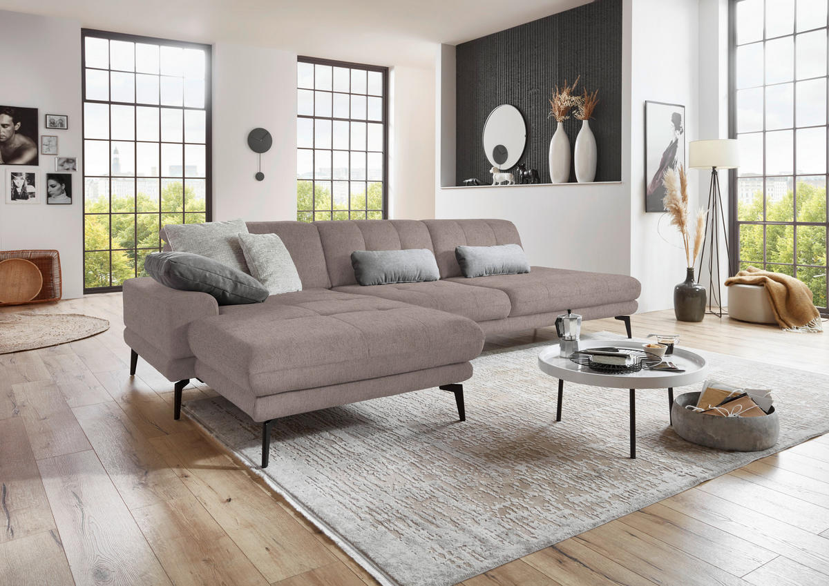 ECKSOFA in Flachgewebe Silberfarben  - Silberfarben/Schwarz, Design, Textil/Metall (190/309cm) - Beldomo Style