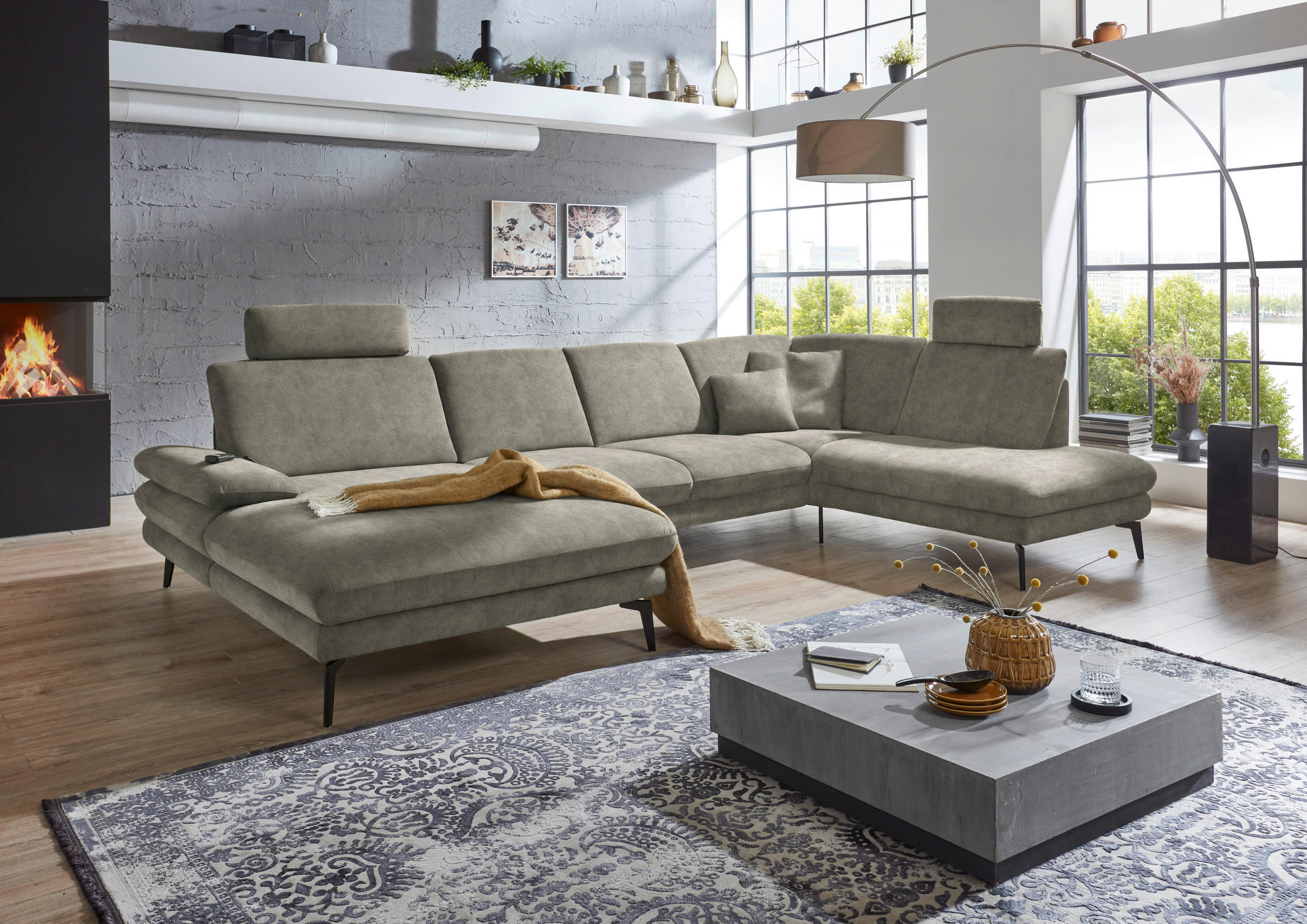 WOHNLANDSCHAFT in Velours Grau  - Schwarz/Grau, Design, Textil/Metall (180/344/208cm) - Dieter Knoll